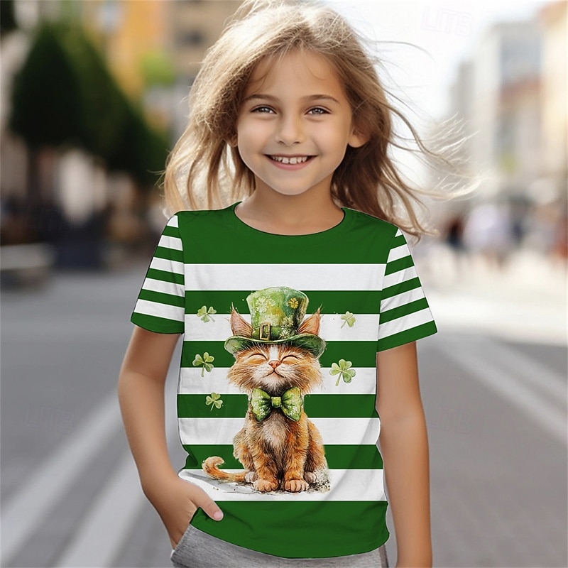 St. Patrick Boys 3D Graphic Cat T shirt Tee Short Sleeve Summer Spring Fashion Basic Kids 4-12 Years Crew Neck Outdoor Casual Daily Regular Fit