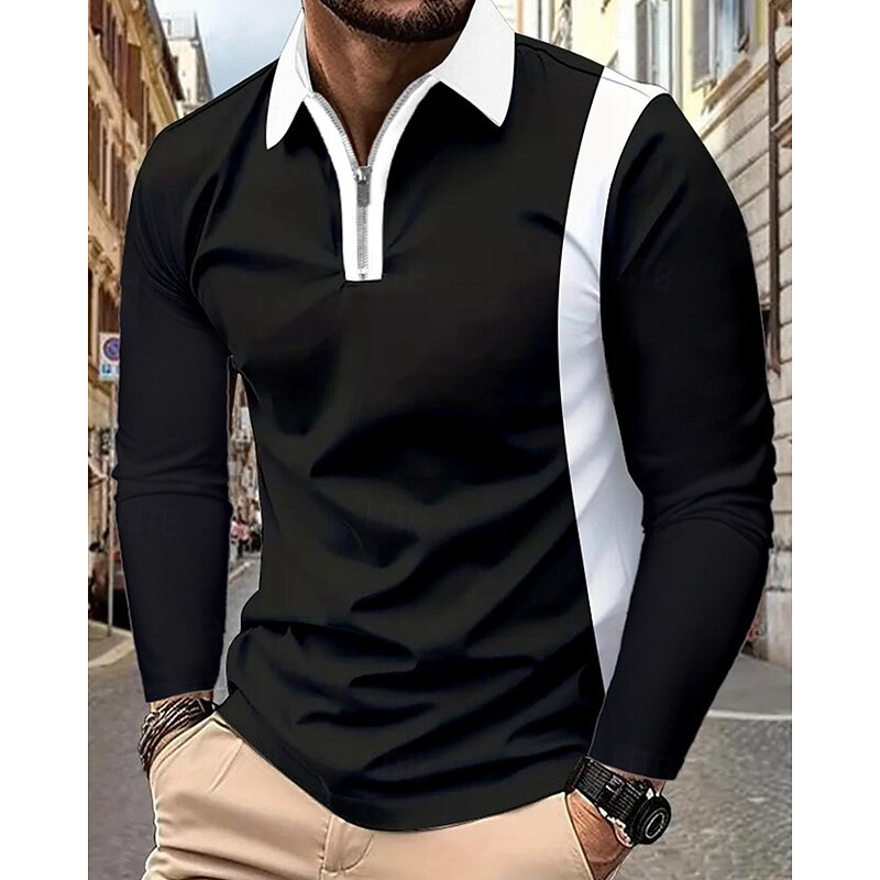 Men's Quarter Zip Polo Golf Shirt Daily Holiday Quarter Zip Long Sleeve Fashion Modern Color Block Patchwork Spring &  Fall Regular Fit Black White Wine Navy Blue Light Grey Dark Gray Quarter Zip Polo2