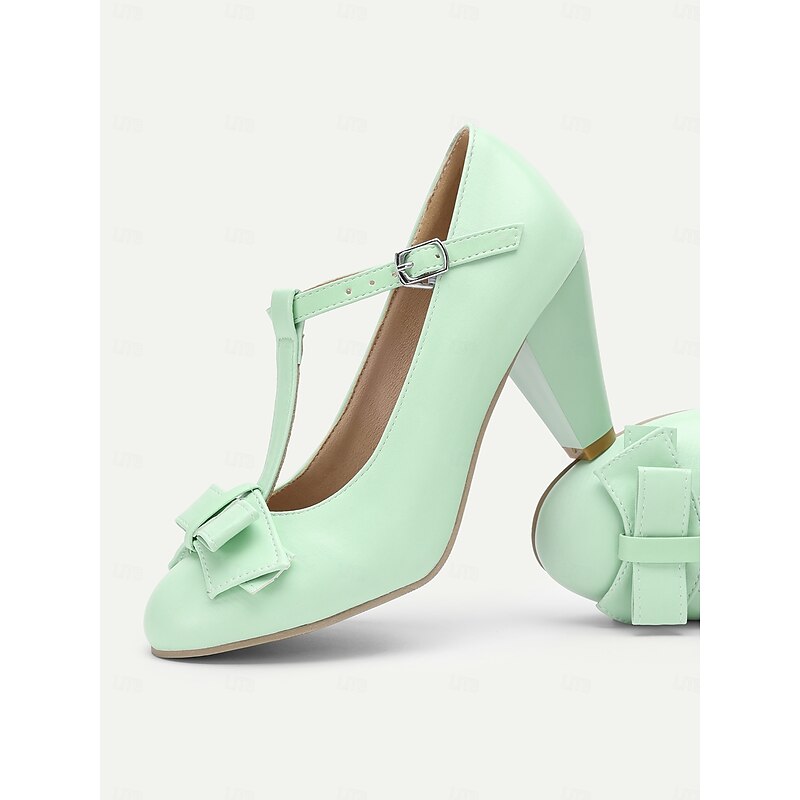 Women's Mint Green T-Strap Mary Jane Heels with Bow Detail - Vintage Style Pumps for Parties and Formal Occasions3