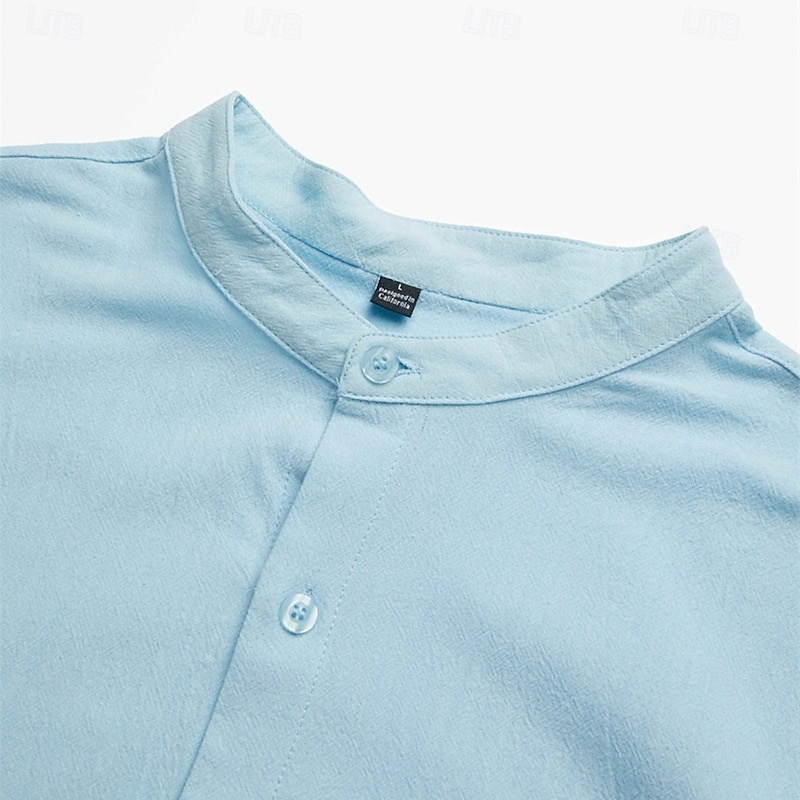 Men's Shirt Band Collar Shirt Summer Shirt Dress Shirt Button Up Shirt Solid Color Work Wear to work Black White Pink Blue Long Sleeve Collar Clothing Apparel2