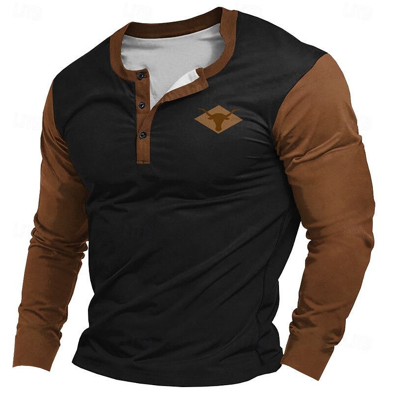 Men's Graphic Logo Bull Henley Shirt Long Sleeve T shirt 3D Print Henley Shirt Fashion Designer Comfortable Casual Daily Navy Blue Brown Khaki Spring &  Fall Clothing Apparel S M L XL XXL XXXL2