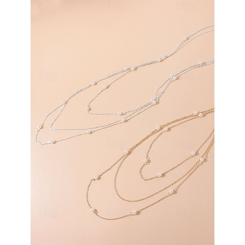 Layered Gold Necklace with Faux Pearl Accents – Elegant Long Chain Jewelry for Women, Perfect for Parties, Weddings, and Formal Events4