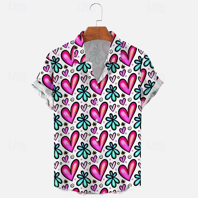 Valentine's Day Men's Heart Casual Shirt Button Up Shirt Short Sleeve Casual Party Causal Casual Summer Spring Turndown Button Up Pink