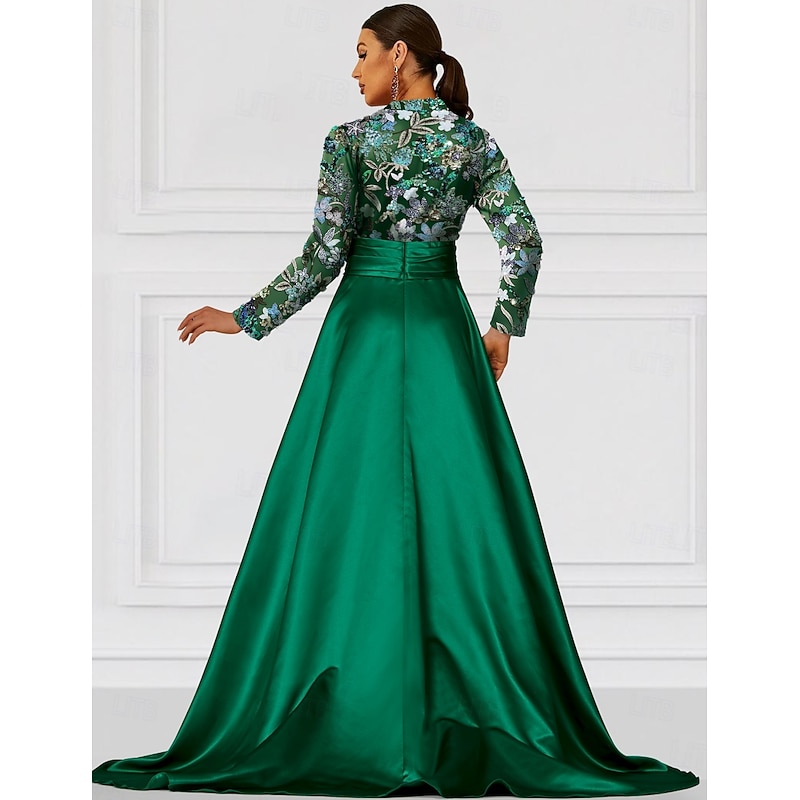 A-Line Evening Gown Elegant Dress Formal Wedding Floor Length Long Sleeve Jewel NeckMother Of the Bride Dress Satin with Slit Embroidery Appliques2