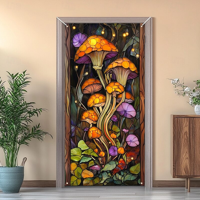 Stained Glass Effect Door Decorations Door Covers Mushrooms Door Tapestry Door Curtain Decoration Backdrop Indoor/Outdoor Door Banner for Front Door Farmhouse