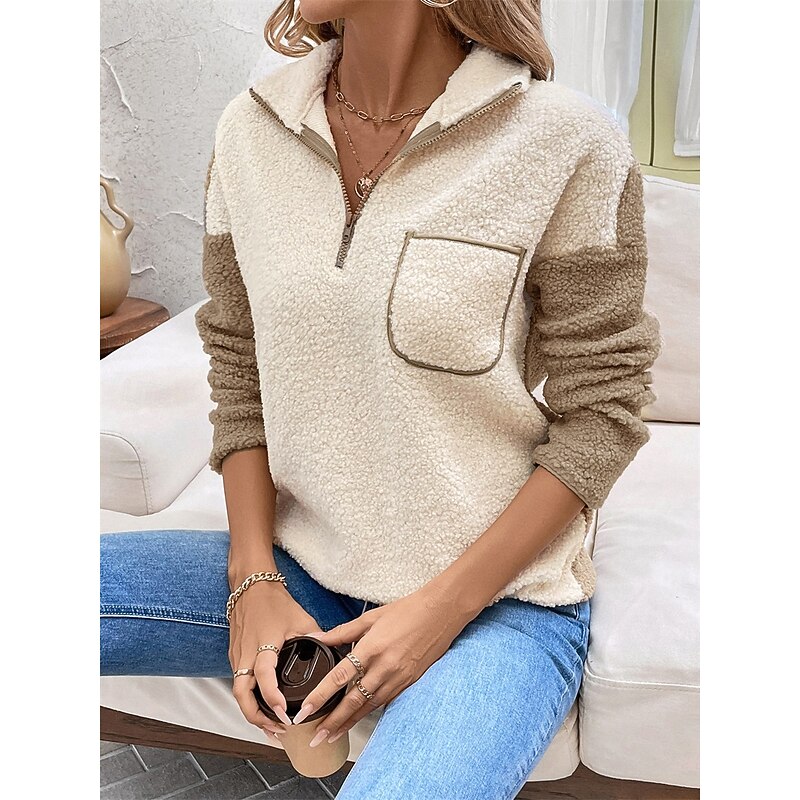 Women's Plain Fashion Casual Long Sleeve High Neck Regular Tops Street Casual Going out Half Zipper Quarter Zipper Patchwork Beige Fall Winter