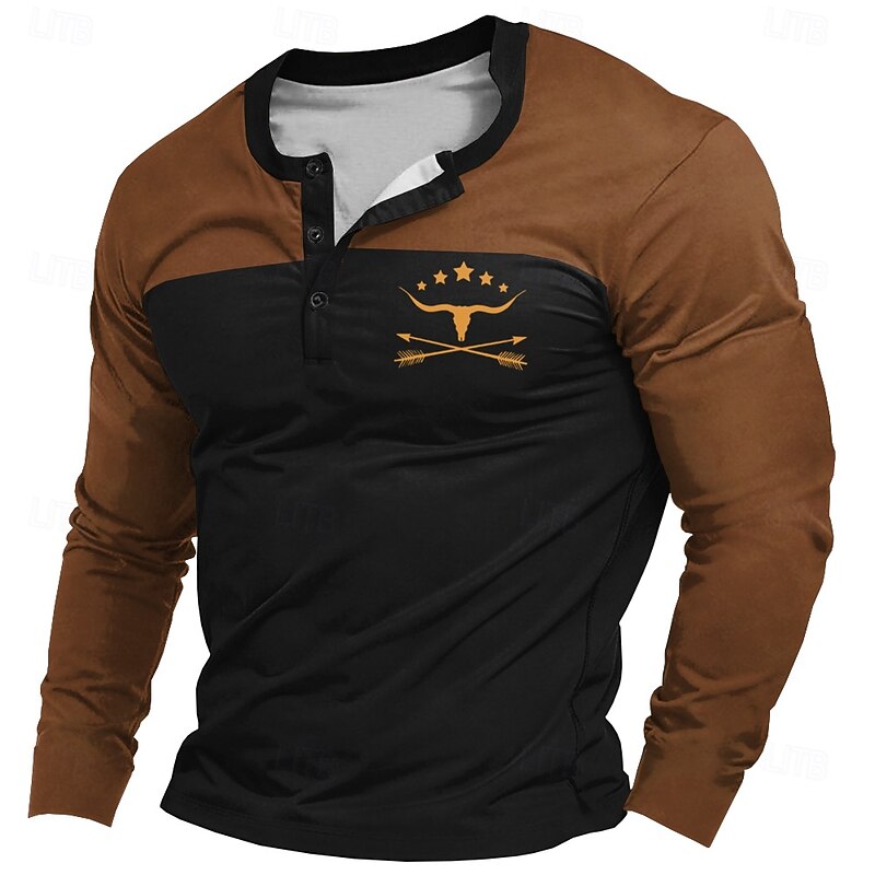 Men's Graphic Color Block Logo Bull Henley Shirt Long Sleeve T shirt 3D Print Henley Shirt Fashion Designer Comfortable Casual Daily Black Navy Blue Khaki Spring &  Fall Clothing Apparel S M L XL XXL2