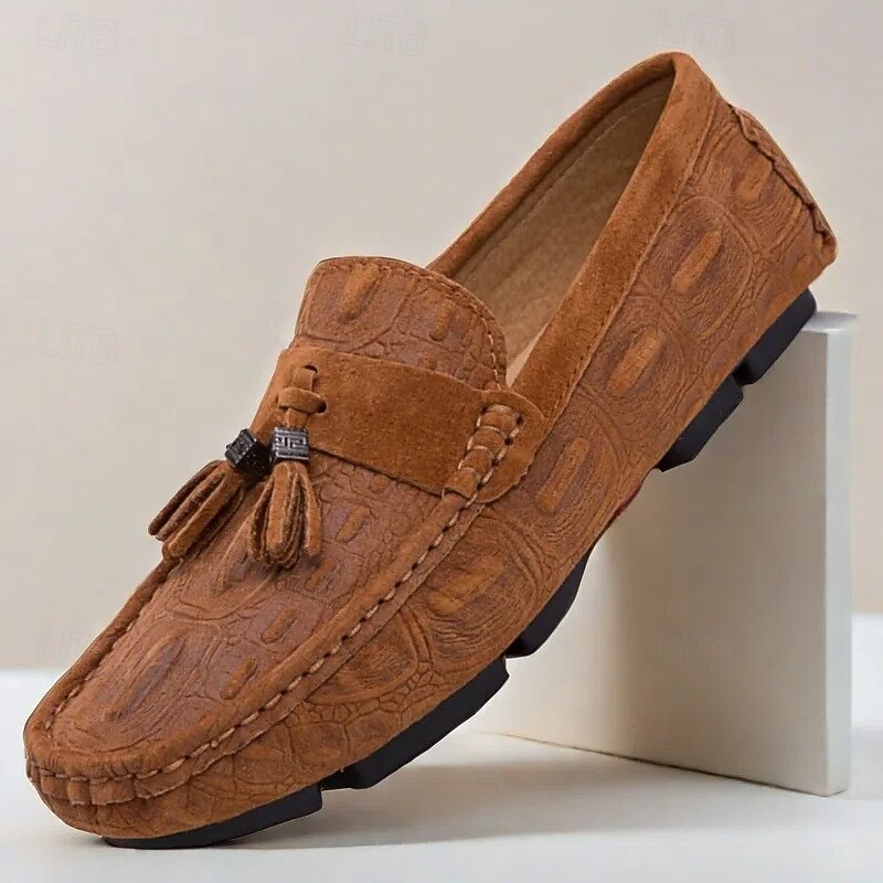 Men's Brown Faux Suede Loafers with Tassel Detail and Embossed Pattern | Comfortable and Stylish for Everyday Wear