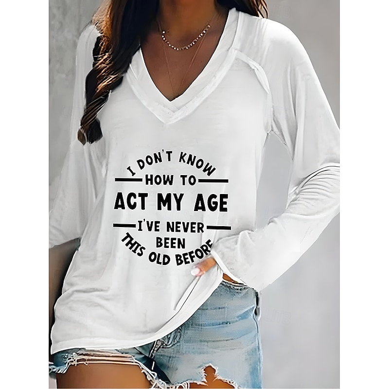 Women's T shirt Long Sleeve V Neck Long Sleeve Graphic Casual Daily Basic Letter Print Regular Tops Daily Weekend White Gray Fall & Winter Prefall