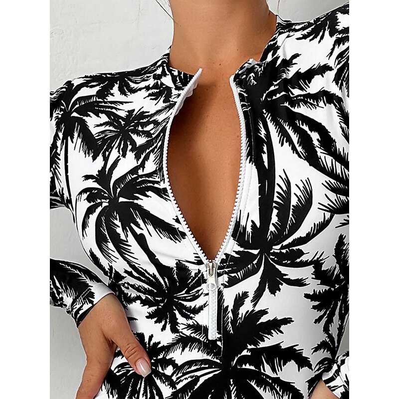 Women's Swimwear One Piece Monokini Rash Guard Swimsuit Backless Zipper Tummy Control High Waist Slim Vacation Beach Wear Graphic High Neck Long Sleeve Bathing Suits3