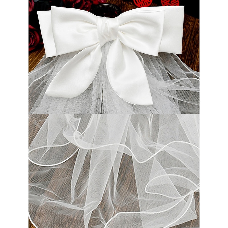 Elegant Ivory Bridal Veil with Satin Ribbon - Soft Tulle and Satin Trim Perfect for a Dreamy Wedding4