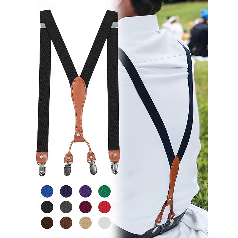 Adjustable Elastic Suspenders with Faux Leather Accents and Metal Clips – Classic Y-Back Design for Men, Perfect for Formal Events, Weddings, and Daily Wear