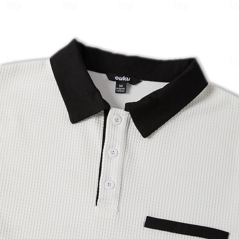 Men's Waffle Polo Shirts Polo Shirts Formal Business Ribbed Polo Collar Long Sleeve Fashion Solid Color Pocket Buttons Spring &  Fall Light Blue White Gray Waffle Polo Shirts2