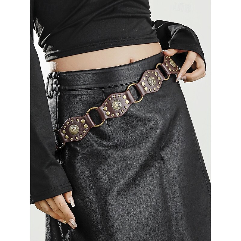 Western Cowboy Style Brown Leather Belt with Gold Buckle and Studded Decorative Accents, Vintage Waist Belt for  Women, Perfect for Casual Wear and Cowboy Costumes2