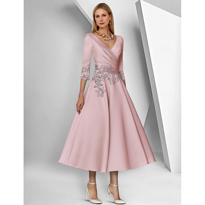 A-Line Dress Mother of the Bride Dress Elegant Simple V Neck Ankle Length Tea Length Satin 3/4 Length Sleeve with Lace Ruched Sequin Race Day Dress
