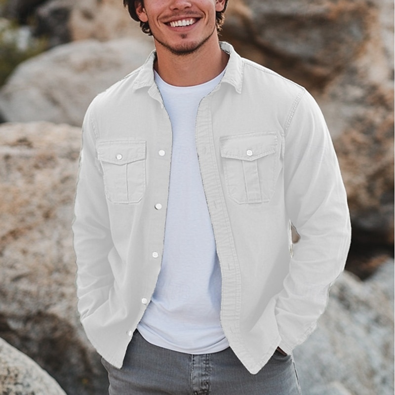 Men's Shirt Casual Shirt Button Up Shirt Black White Green Long Sleeve Plain Lapel Vacation Daily Front Pocket Clothing Apparel Fashion Casual Comfortable3