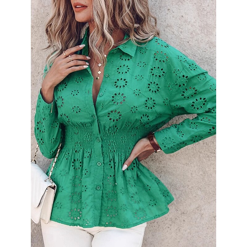 Women's Elegant Lace Tops Eyelet Blouse Casual Solid Color Regular Tops Long Sleeve Shirt Collar Buttons Eyelet Regular Fit Daily Green Romantic Petite Tops Summer Holiday Wear4