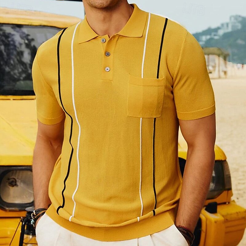 Men's Button Up Polos Golf Shirt Casual Sports Lapel Short Sleeve Fashion Basic Color Block Patchwork Buttons Summer Black Yellow Green Button Up Polos