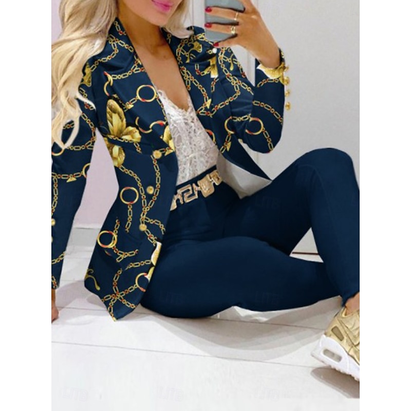 Women's Fashion Blazer Trousers Long Sleeve Shirt Collar Graphic Patchwork Casual Daily Blue Spring &  Fall Regular Fit