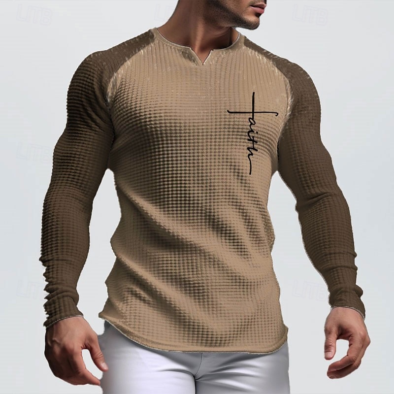 Men's Graphic Letter Faith T Shirt Raglan T Shirt Waffle T Shirt Long Sleeve T shirt 3D Print V Neck Shirt Daily Classic Outdoor Sports Outdoor Casual Going out White Brown Dark Blue Spring &  Fall