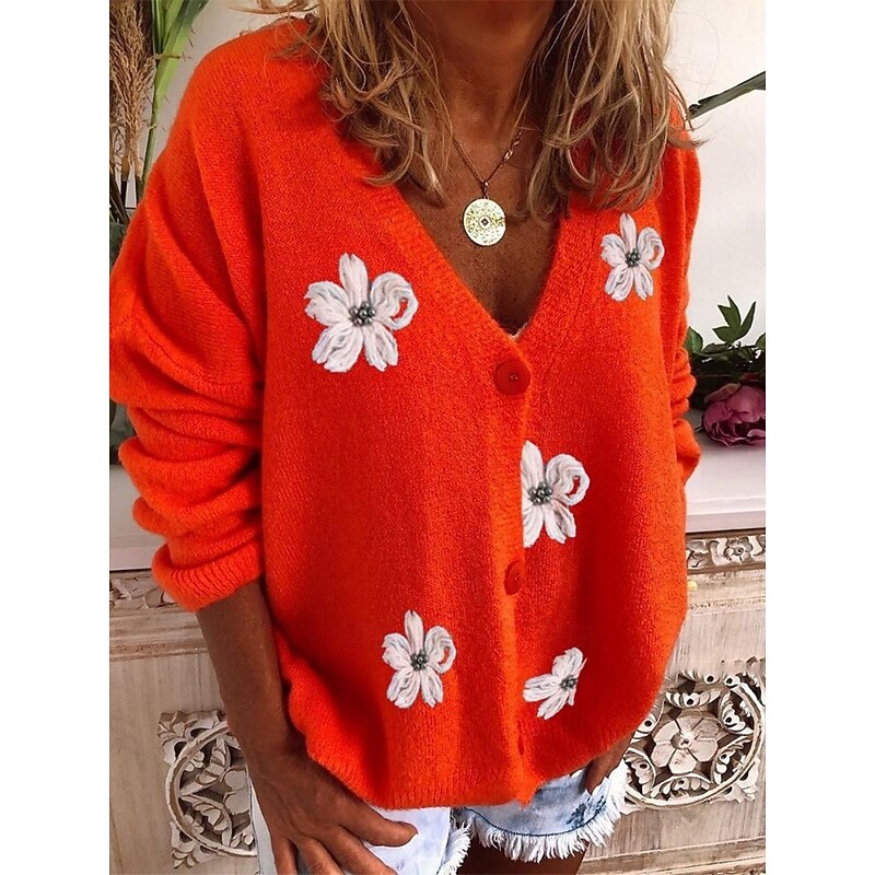 Women's Sweater Cardigan Casual Soft Floral Ribbed V Neck Buttons Knitted Long Sleeve Regular Tops Knit Outdoor Daily Weekend Red Green Fall Winter4