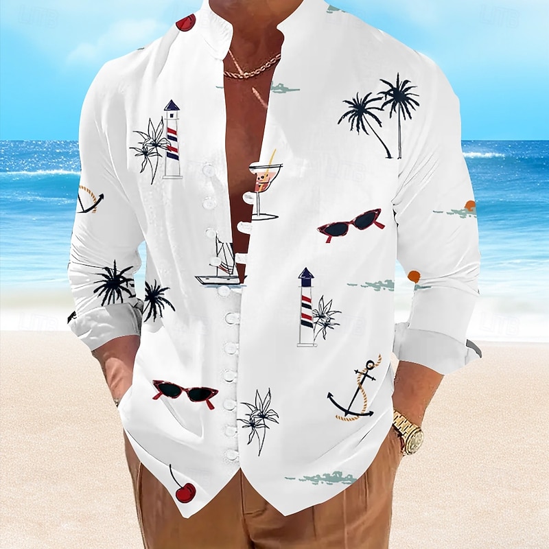 Men's Coconut Palm Casual Shirt Summer Hawaiian Shirt Aloha Shirt Short Sleeve Hawaiian Resort Vacation Casual Summer Spring Standing Collar Button Up White Yellow Blue