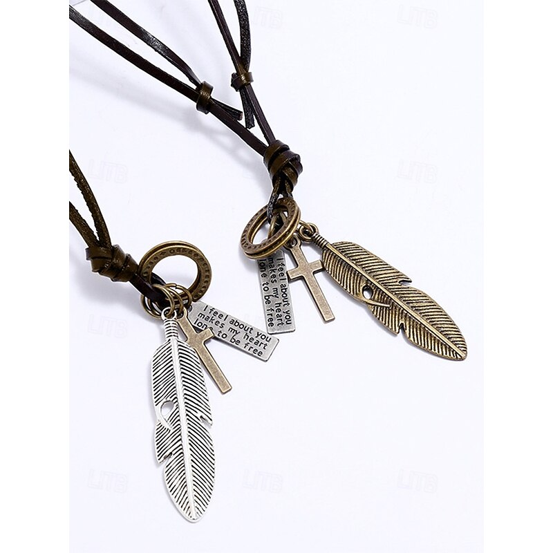 Men's Vintage Feather Pendant Necklace with Cross and Inspirational Charms, Leather Rope, Perfect for Casual Wear and Gifts4
