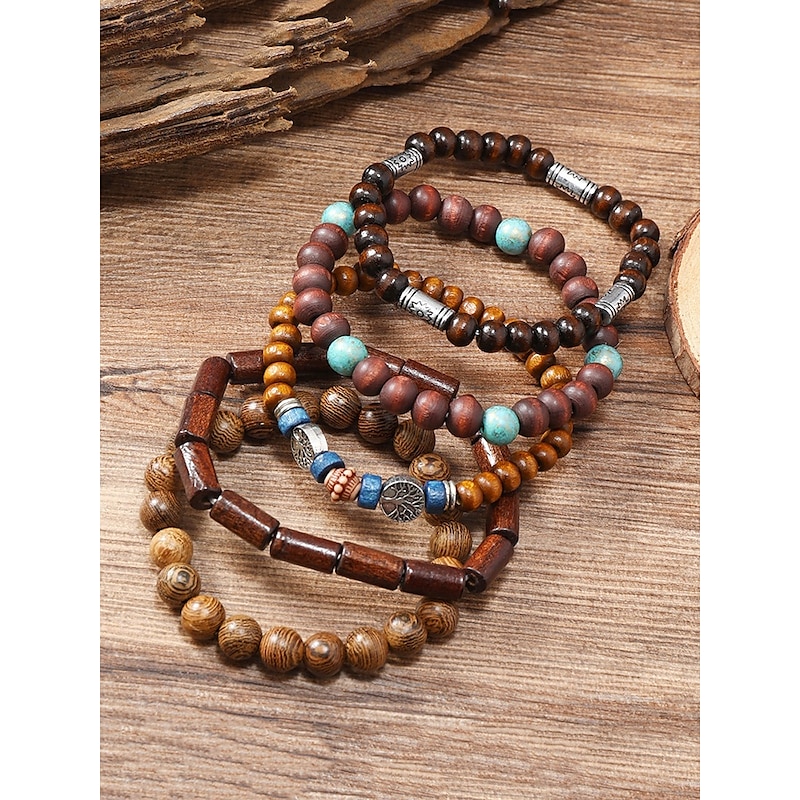 Men's Multilayer Wooden Bead Bracelet Set, Bohemian Style Handmade Jewelry for Casual and Beachwear3