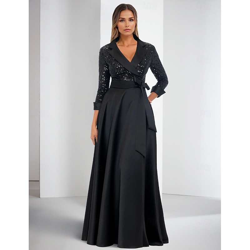 Tuxedo Dress A-Line Formal Wedding Party Satin Glitter Elegant Color Block 3/4 Length Sleeve Floor Length Notched Lapels3