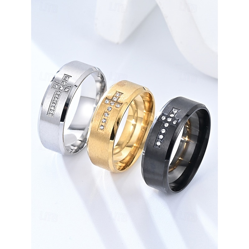 Men's Stainless Steel Cross Rings with Rhinestone Inlay, Durable Christian Jewelry, Ideal for Daily Wear, Church, and Gifts2