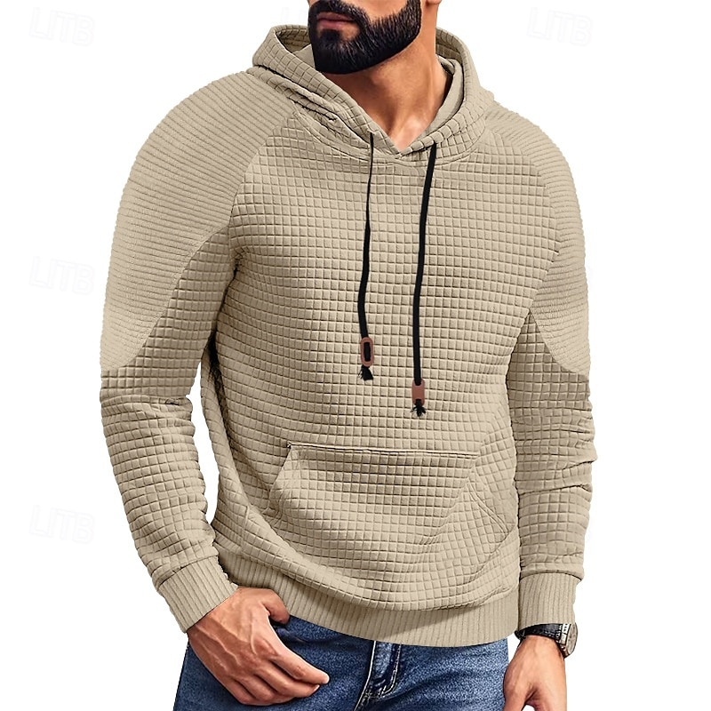 Men's Hoodie Black White Khaki Light Grey Dark Gray Hooded Plain Ribbed Front Pocket Textured Sports & Outdoor Daily Holiday Polyester Streetwear Basic Casual Spring &  Fall Clothing Apparel Hoodies