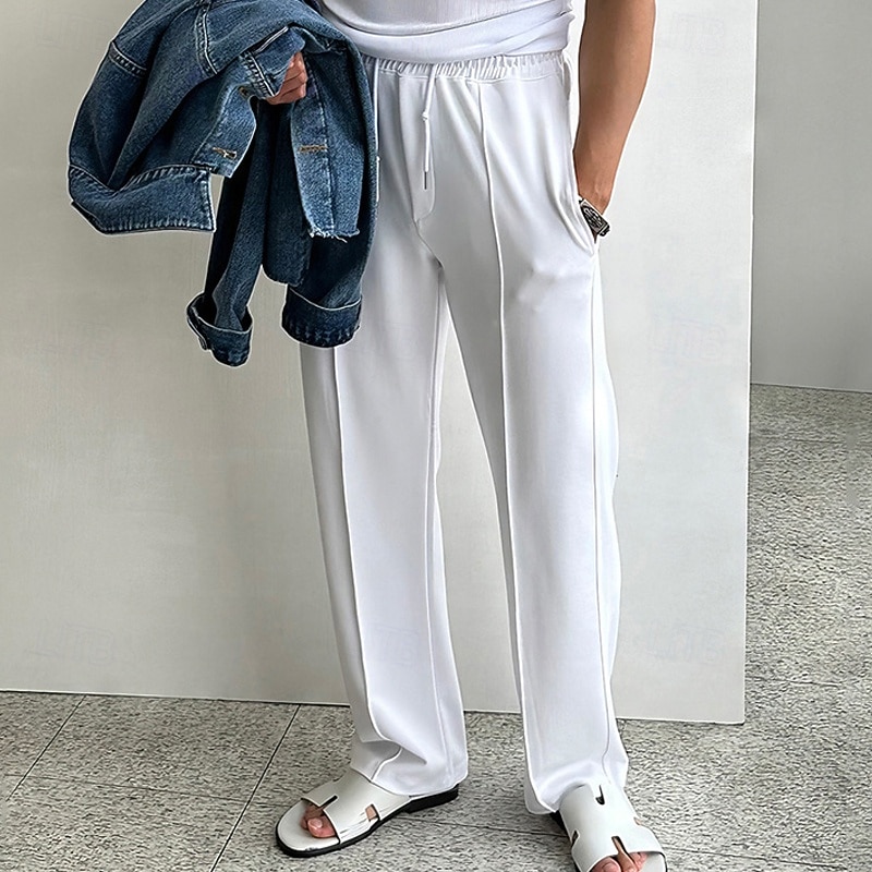 Men's Trousers Straight Leg Sweatpants Pleated Pants Pocket Drawstring Elastic Waist Plain Comfort Sports Outdoor Daily Fashion Casual Black White Micro-elastic