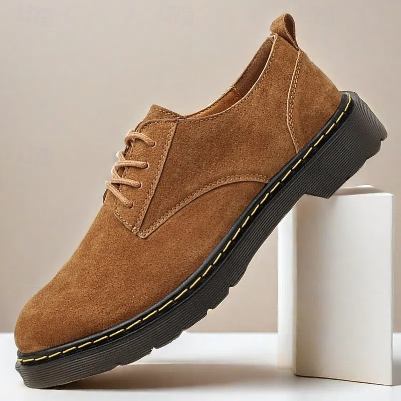 Men's Brown Suede Faux Leather Lace-Up Oxford Shoes with Chunky Sole – Casual and Formal Footwear for Work, Travel, and Everyday Wear