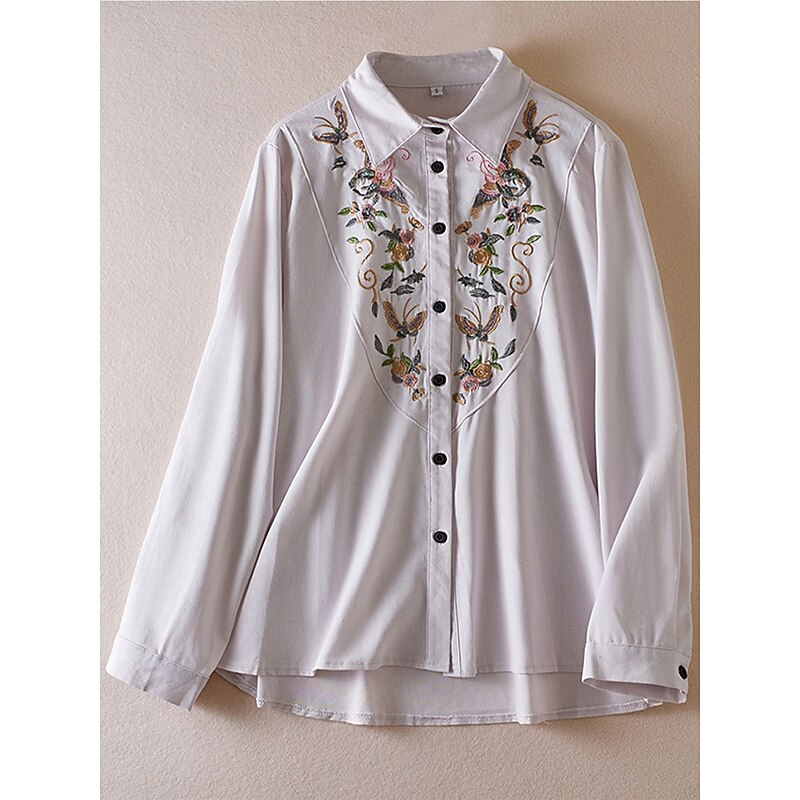 Women's Boho Shirt Linen-Inspired Shirts Button Up Floral Flower Casual Long Sleeve Bishop Sleeve Square Neck Regular Tops Valentine's Day Work Daily Embroidered Beige Spring, Fall, Winter, Summer