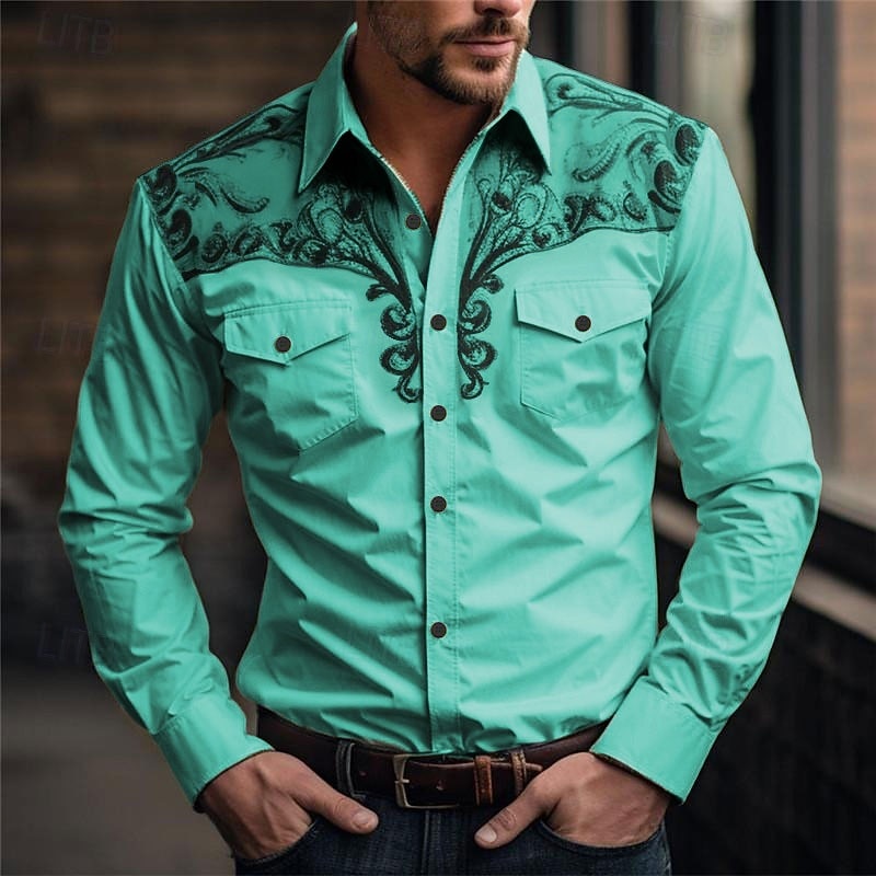 Men's Floral Western Shirt Printed Shirts Long Sleeve Vintage Western Style Daily Wear Going out Weekend Spring & Summer Turndown Pocket Print Button-Down Light Blue White Pink Blue Green4