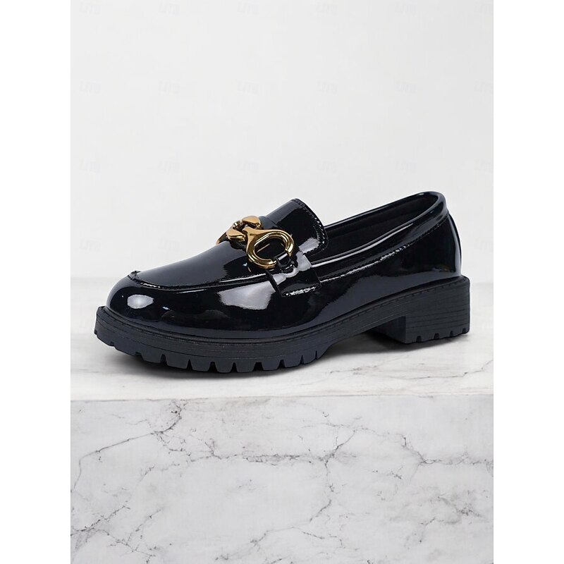 Women's Trendy Black Patent Leather Loafers with Chunky Sole and Metal Chain | Perfect for Casual and Dressy Occasions4