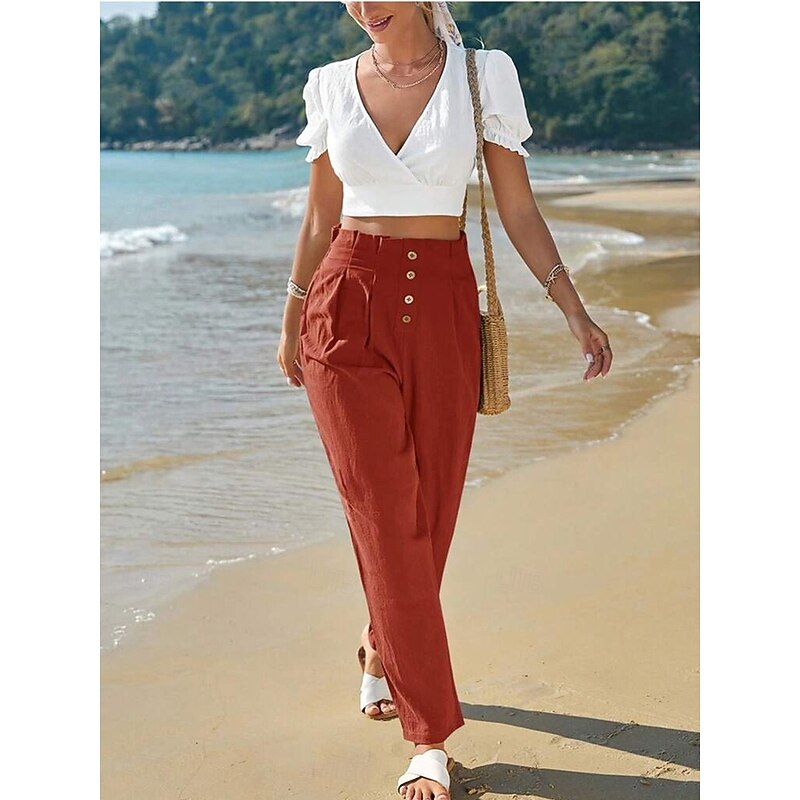 Women's Sweatpants Chinos Fashion Streetwear Full Length High Waist Plain Pocket Elastic Waistband Comfy Soft Comfortable Micro-elastic Outdoor Street Rust Green Spring Fall Regular Fit2