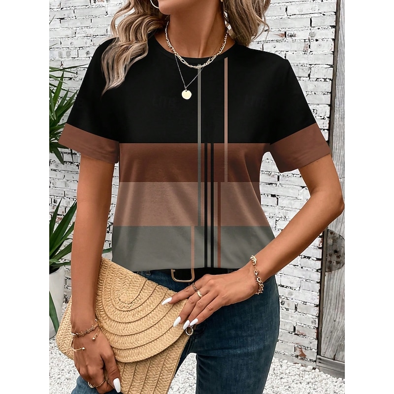 Women's T Shirt Striped Casual Short Sleeve Round Neck Regular Tops Daily Print Black Summer