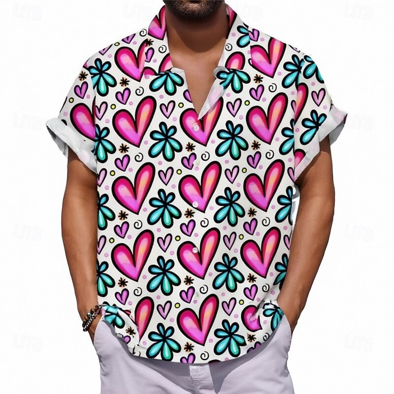 Valentine's Day Men's Heart Casual Shirt Button Up Shirt Short Sleeve Casual Party Causal Casual Summer Spring Turndown Button Up Pink2