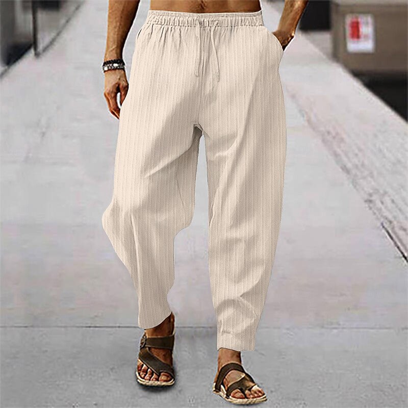 Men's Linen Pants Trousers Summer Pants Harem Pants Pocket Drawstring Elastic Waist Stripe Comfort Breathable Full Length Casual Daily Holiday Fashion Classic Style Light Green Orange