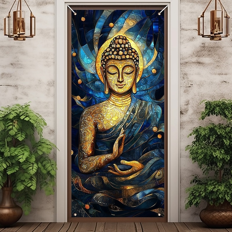 Stained Glass Effect Door Decorations Door Covers Buddha Boho Door Tapestry Door Curtain Decoration Backdrop Indoor/Outdoor Door Banner for Front Door Farmhouse4