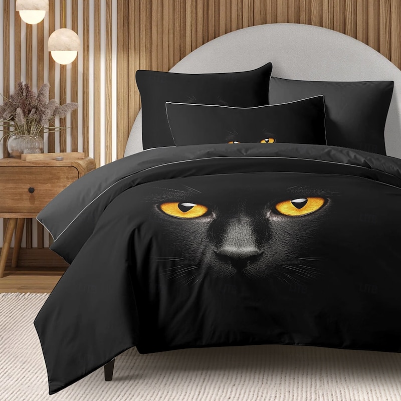 3D Print Black Cat Duvet Cover Set Stylish and Whimsical Bedding with Cat Design Soft and Durable Microfiber Includes Duvet Cover and Pillowcases Perfect for Cat Lovers