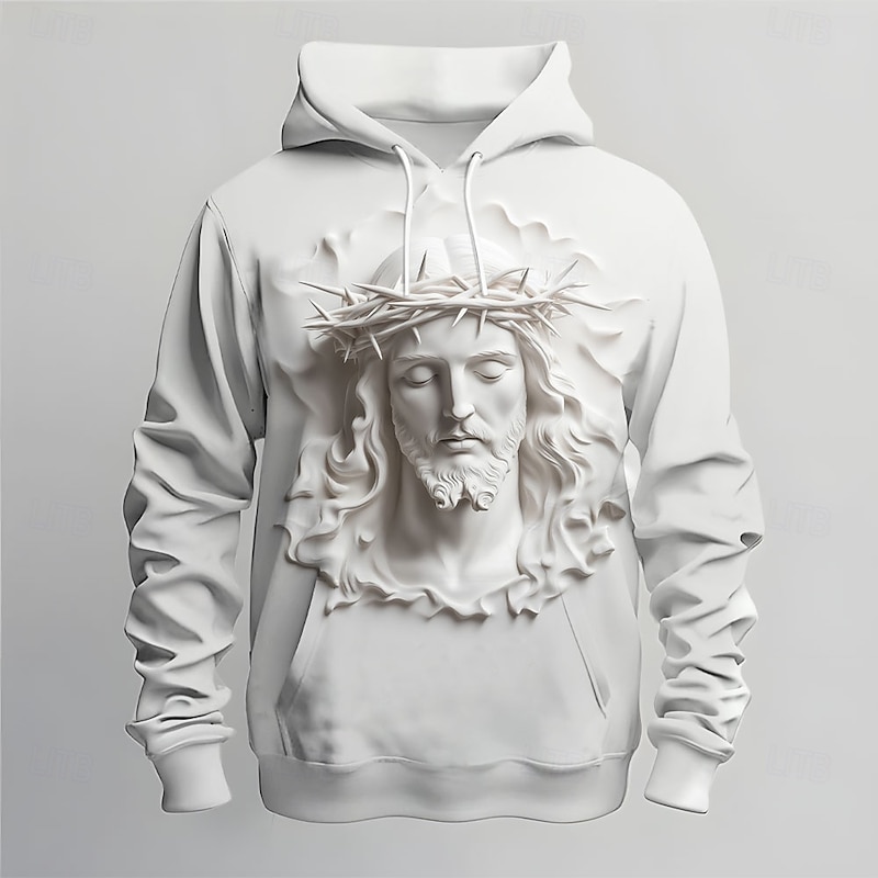 Men's Optical Illusion Jesus Hoodies Sweatshirt Fashion Cool Long Sleeve Crew Neck Holiday Streetwear White Drawstring Fall Winter Designer