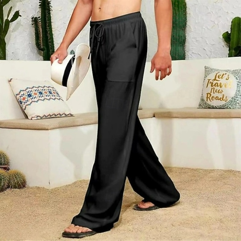 Men's Trousers Summer Pants Baggy Pants Beach Pants Gauze Pants Drawstring Front Pocket Straight Leg Plain Comfort Soft Full Length Home Yoga Gym Fashion Casual Black White3