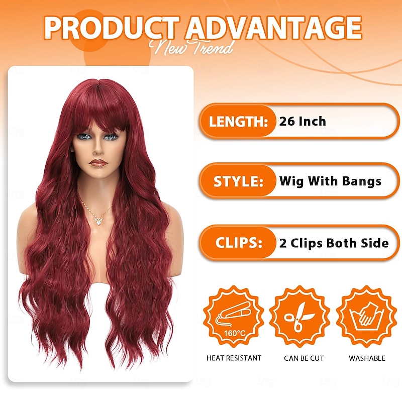 Wig With Bangs Long Wigs for Women Curly Wavy Hair Natural Looking Synthetic Heat Resistant Wig for Girls Halloween Party Use4