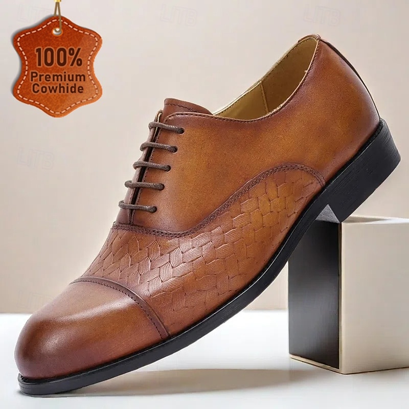 Men's Premium Cowhide Oxford Shoes with Woven Leather Design, Classic Lace-Up Style for Formal and Business Occasions