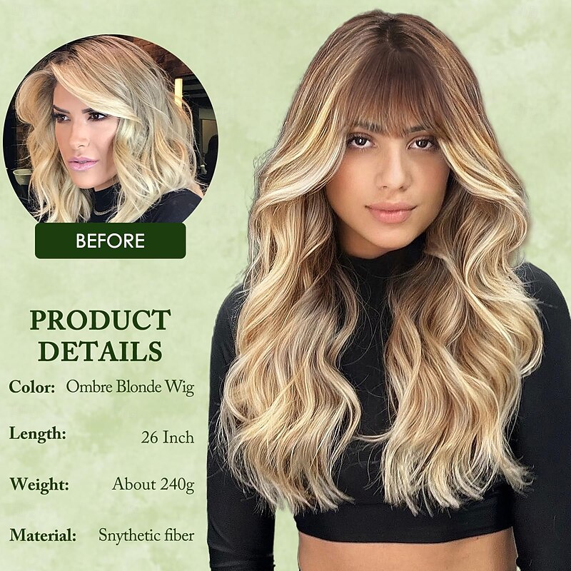 Wig with Bangs Long Wavy Wigs with Dark Root Natural Looking Synthetic Heat Resistant Hair Wigs for Women Daily Party Holiday Use2