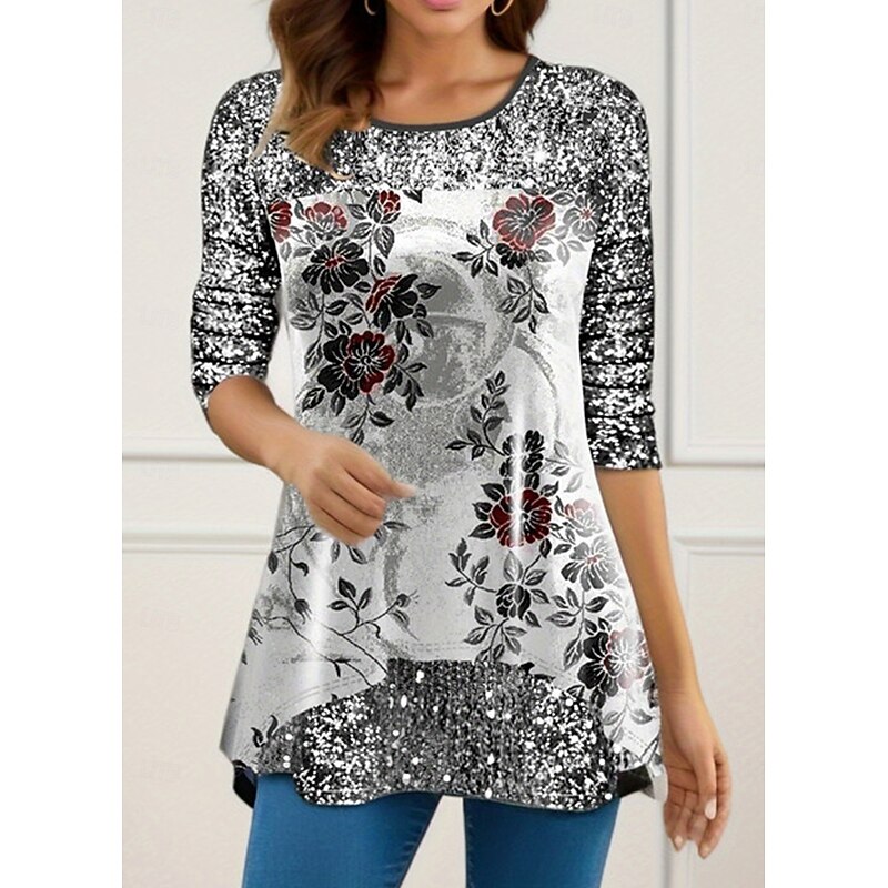 Women's Shirt Blouse Floral Casual Long Sleeve Crew Neck Regular Tops Daily Patchwork Print White Purple Spring &  Fall3