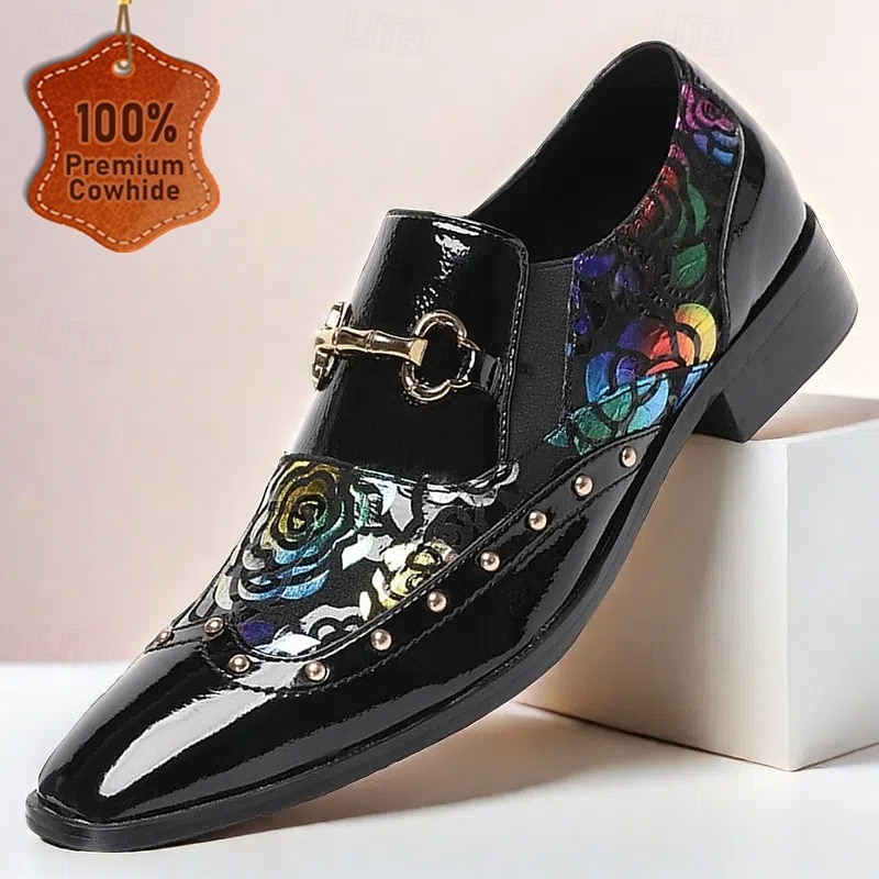 Men's Black Patent Leather Loafers with Gold Tip Floral  and Metal Buckle–Premium Cowhide Formal Shoes for Weddings, Parties, and Special Occasions