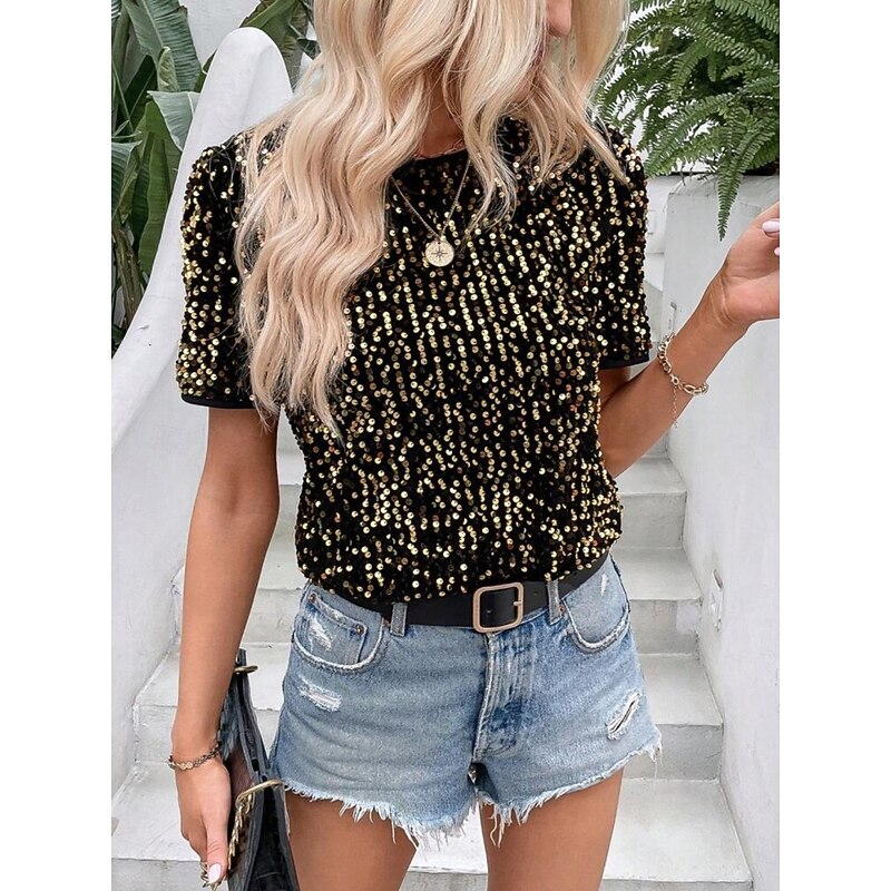 Women's Sequin Sparkly Party Glitter Plain Fashion Modern Casual Short Sleeve Crew Neck Regular Tops Daily Weekend Sequins Black Pink Gold Summer Spring